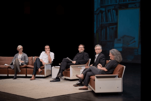 Four UCLA faculty members discussing the meaning of space at a panel, featuring Rodrigo Valenzuela 
