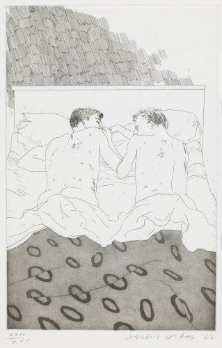 David Hockney, Two Boys Aged 23 or 24, 1966, etching and aquatint on paper, 13 7⁄8 × 8 7⁄8" at Anita Rogers Gallery