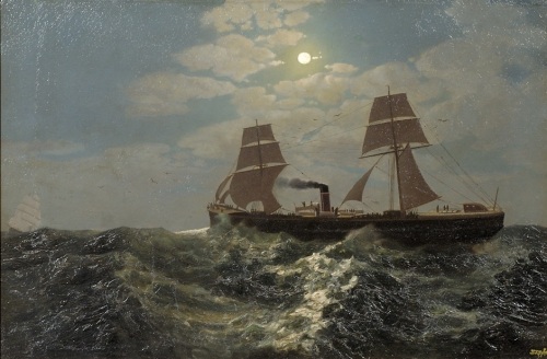 Broadside View of a Steamship in the Moonlight