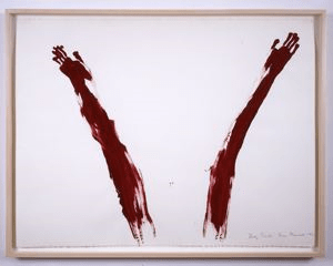Ana Mendieta Body Tracks, 1982 Blood and tempera paint on paper 38 x 50 in. (96.52 x 127 cm) © The Estate of Ana Mendieta Collection, LLC Courtesy Galerie Lelong & Co., New York