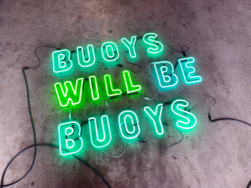 Hannah Cutts Buoys Will Be Buoys  2020  Neon, plywood, vintage lobster buoys ​175 cm h x 200cm