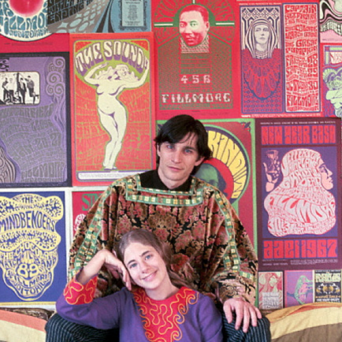 Psychedelic poster artist Wes Wilson with wife Eva Wilson 1967 portrait with posters
