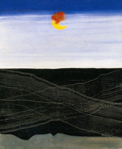 This image features a section of Max Ernst's painting, Mer et Soleil, Lignes de Navigation cropped horizontally.