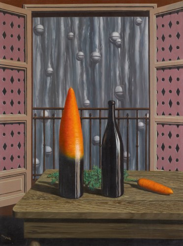 This is an image of Magritte's painting The explanation, produced in 1952. It depicts a close up of a wooden table in front of an open window. Upon the table we can see on the right a black wine bottle and a carrot. On the left of this bottle is a curious object, half bottom is a black wine bottle but the other top halp is a big carrot.