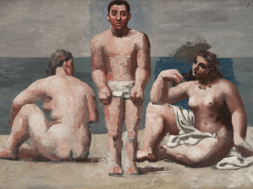 this is a painting by Picasso titled baigneurs et baigneuses, it represents a beach and three bathers. A woman on the left seated and naked a standing man in the middle in white clothe bathing suit and on the right another seated woman half nude. We can perceive the ocean in the background. They are depicted in Picasso's Neo-classical style.