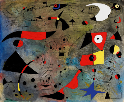 Femme et oiseaux is the eighth from a series of twenty-three extraordinary works collectively known as Constellations which Miró created between January 1940 and September 1941 and which are now widely considered as the masterpieces of his prolific œuvre. Writing to his New York dealer Pierre Matisse on 4th February 1940 about this group of works Miró confided: 'I am now working on a series of 15 to 20 paintings in tempera and oil, dimensions 38 x 46, which has become very important. I feel that it is one of the most important things I have done, and even though the formats are small, they give the impression of large frescoes. With this series... you could do a very, very fine exhibition. I am planning to work on these paintings, using a very elaborate technique, for about 3 months - making allowance for the fact that fortunately, they will lead me to conceive of other works which I will prepare at the same time.... With the series of 38 x 46 canvases [sic.] I am working on now, I can't even send you the finished ones, since I must have them all in front of me the whole time - to maintain the momentum and the mental state I need in order to do the entire group' 