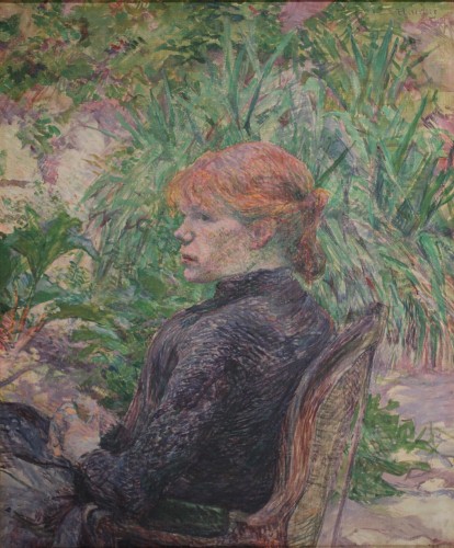 Henri de Toulouse-Lautrec, Femme Rousse Assise dans le Jardin de Mme. Forest, 1889. This is a cropped image of the oil painting by Henri de Toulkouse Lautrec. Which represents a young woman with red hair from profile seated on a chair in a garden.