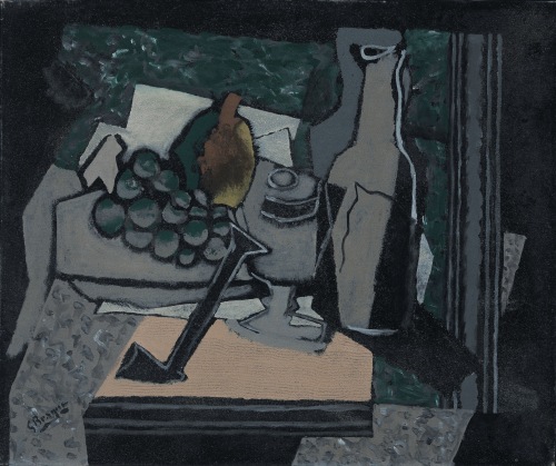 Georges Braque, Nature morte à la pipe, 1919 Oil on canvas 46 x 55 cm. (18 x 21 3/4 in.) This painting represents in a cubist manner, in grey tons a bottle of wine, grapes and a glass all upon a light orange table.