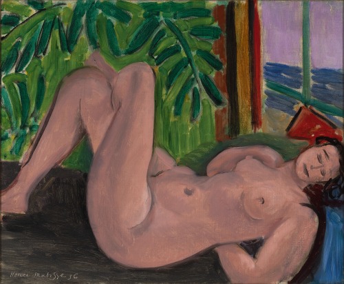 Matisse_Nu aux jambes croisées_1936. This is a cropped image of Matisse's painting which represents a nude woman laying on a bed, there is a window on the top right showing the oean and on the left a large plant.