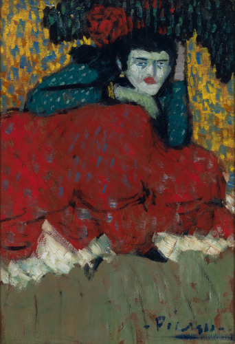 Thi is a cropped image of a painting by Picasso produced in 1901 titled Spanish Dancer. This work is part of the blue period and the dancer's face clothes and background is depicted in light blue tons. The dancer is seating and her legs are covered by a large red skirt. 