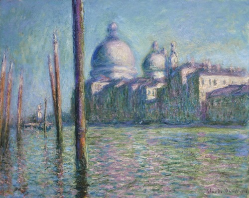 This is a cropped image of a painting by Claude Monet, titled the Grand Canal and painted in 1908. This image depicts the grand canal of the city of Venice in a luxuriant polychromatic palette of soft lavender, sky blue, green and grey. a