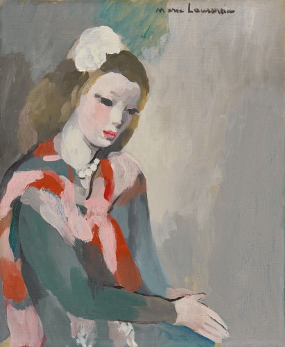 This is a cropped image representing a painting by Marie Laurencin, Young Woman with Pearls,1925. It's a portrait painted on a grey background of a young woman with strawberry blond hair, wearing a pink and red shawl over an a pearl neccklace. Her face is looking down the paintnig style is simple and reduces details to large brushtrokes.
