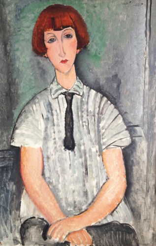 this is a cropped image of a painting by Modigliani titled Young Girl with a Shirt with Stripes produced in 1917.