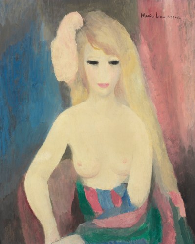 This is a cropped image of Marie Laurencin's painting titled Woman bust with naked breast produced in 1926. WE can only discern the upper body of the woman in this image. It depict a young woman with long blond hair wearing a bright pink hair ornament her eyes are black she seems to be looking down and the background is blue and pink.