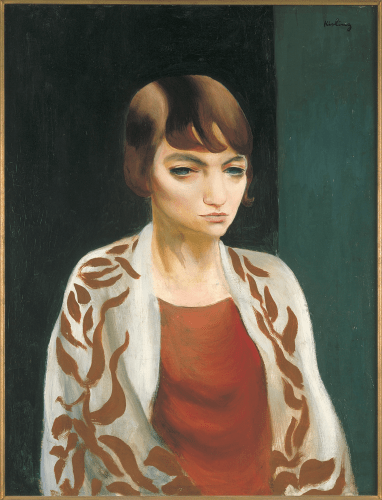 This is a cropped image of Kisling's oil painting titled "Portrait of Marita Hasenclever" produced in 1927.  It depict a young woman with wide eyes short brown hair on a black and green background.