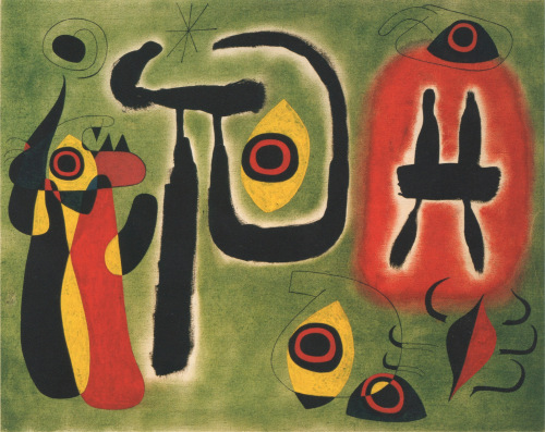 Joan Miró, Le soleil rouge ronge l'araignée (The Red Sun Gnaws at the Spider),1948 Oil on canvas 76 x 96 cm. (29 7/8 x 37 3/4 in.) The green background in this painting betokens a floral world which the red and yellow insects inhabit, although all of the creatures, as well as the sun, possess anthropomorphic features.
