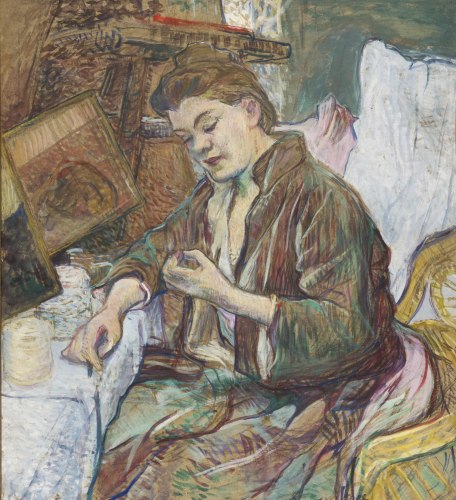 This is a cropped image of an oil on board by Henri de Toulouse Lautrec which depicts a woman seated on a chair doing a manicure. this painting is not merely a portrait but a complex study of a woman making herself ready for the day, surrounded by all the objects she needs to achieve this. Every detail is organized to suggest the casual disorder of real life.
