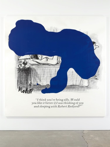 Richard Prince, Untitled, 2019 this image depicts a cartoon and a big blue stain  covering it.