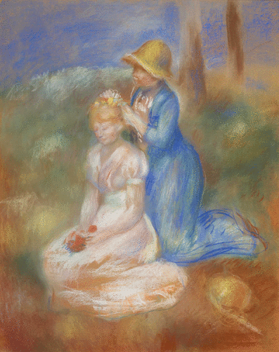 Pierre-Auguste Renoir, Jeunes filles se coiffant, 1885-90 c. Pastel on paper 77 x 62 cm. (31 1/8 x 24 3/8 in.) This work on paper by Renoir represents two young women in the woods. A blond woman wearing a white dress is seated on the floor and holding a bouquet of red flowers in her hands while the other woman wearing a blue dress and a hat is arranging her hair, behind her. This work on paper made with pastel, uses soft tons of white blue and green which increase the tenderness of the scene.