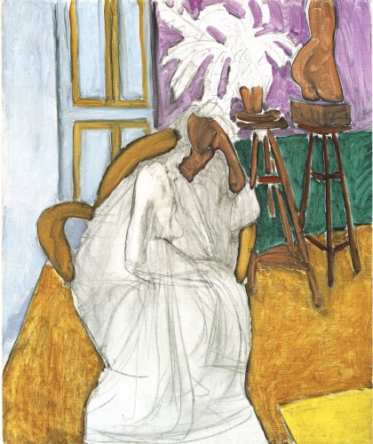 This is a cropped image of Henri Matisse's painting titled "Figure assise et le torse grec (la gandoura)" produced in 1939. It abstractely depicts a woman seating on a chair looking thoughtful. The painting seems unfinished as her clothing is white and has not been colored while the rest of the background displays a rich palette of purple, green, yellow and brown.