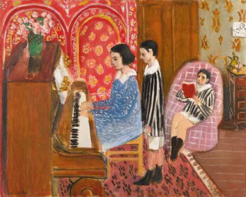 This is an image of Henri Matisse's painting, The Piano Lesson painted in 1923, which represent a domestic scene, featuring a young woman playing the piano wearing a blue dress, next to her a young boy is listening and standing. Another child is sitting on the right in a pink sofa, reading a book. The two alums are wearing a top with black and white stripes and a white collar as well as a white short. The overall tons of the paintings are rich browns, reds and pink.
