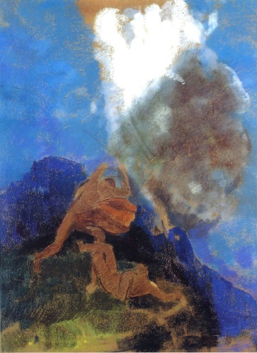 This is a cropped image of Odilon Redon's painting titled Caien and Abel. We can see two masculine figures painted in light brown twins fighting. The background is painted in blue and loosely depicts a landscape.