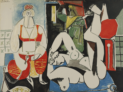 This is an image of Picasso, Les Femmes d'Alger Version H produced on 24 January 1955. IT represents three women depicted in a cubic and simplified way. One of them in seated on the left wearing a traditional red outfit and smoking hookah. Next to her is another woman naked laying on the floor on her back with her arms crossed behind her head and her legs up and crossed. The composition is dense the background is depicted ornamented tiles on the walls. In the center background behind these two front figures we can see a third woman who is black and dressed all in green white is walking through the door.