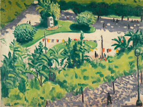 Albert Marquet, Le Square aux Drapeaux, Alger, oil on canvas, 46 x 61 cm. (18 1/8 x 24 in.) This image shows a garden in Algiers, with a lot of colorful flags hung.