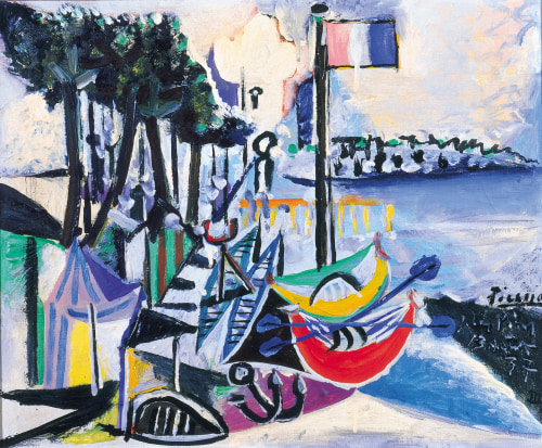 This is an image of Picasso's painting, Paysage, Juan les Pins, 13 August 1937, 1937. Picasso painted the sea shore in France at Juan les Pins, featuring four canoes boats, Summer tents, trees and a French flag in the center. 