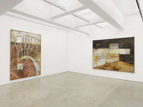 This image features two large scale paintings by Albert Oehlen from the mirrors paintings series.