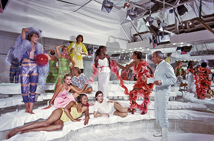 André Courrèges with models, Paris, 1977