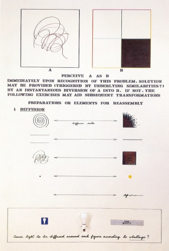 Arakawa and Madeline Gins, 8. Reassembling, 1963-71, 78, 88, 96

Acrylic, cardboard, lightbulb, lightbulb socket, and painted duct tape on canvas

96 x 68 inches

&amp;copy;&amp;nbsp;1997 Reversible Destiny Foundation. Reproduced with permission of the Reversible Destiny Foundation.