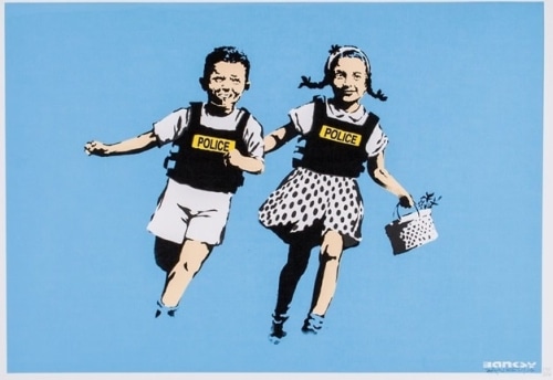 Banksy (born 1974) Jack and Jill (AKA Police Kids) 2005 Four-Color Hand-Pulled Screenprint on Archival Paper H 19.75” x W 27.5” Signed and Dated Lower Right – “BANKSY 05”; Inscribed Lower Left – “268/350”