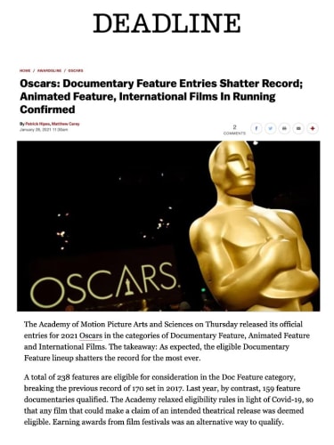 Oscars: Documentary Feature Entries Shatter Record; Animated Feature, International Films In Running Confirmed