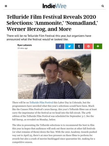 Telluride Film Festival Reveals 2020 Selections: ‘Ammonite,’ ‘Nomadland,’ Werner Herzog, and More