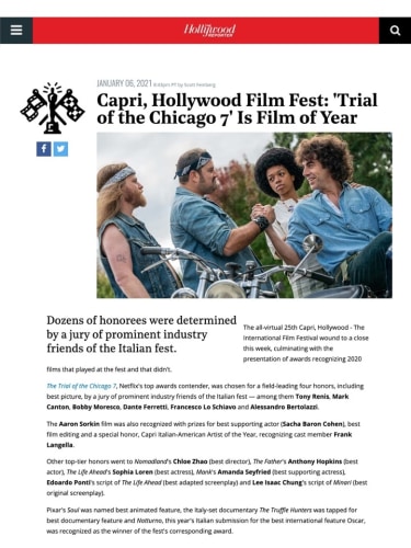 Capri, Hollywood Film Fest: 'Trial of the Chicago 7' Is Film of Year