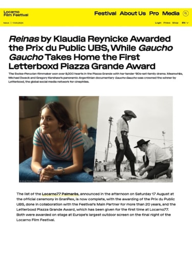 Reinas by Klaudia Reynicke Awarded the Prix du Public UBS, While Gaucho Gaucho Takes Home the First Letterboxd Piazza Grande Award