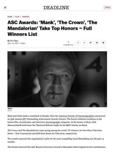 ASC Awards: ‘Mank’, ‘The Crown’, ‘The Mandalorian’ Take Top Honors – Full Winners List