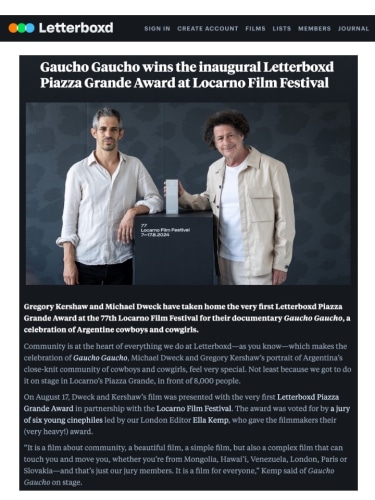 Gaucho Gaucho wins the inaugural Letterboxd Piazza Grande Award at Locarno Film Festival