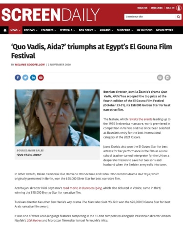 ‘Quo Vadis, Aida?’ triumphs at Egypt’s El Gouna Film Festival