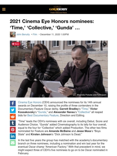 2021 Cinema Eye Honors nominees: ‘Time,’ ‘Collective,’ ‘Gunda’