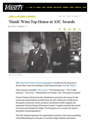 ‘Mank’ Wins Top Honor at ASC Awards