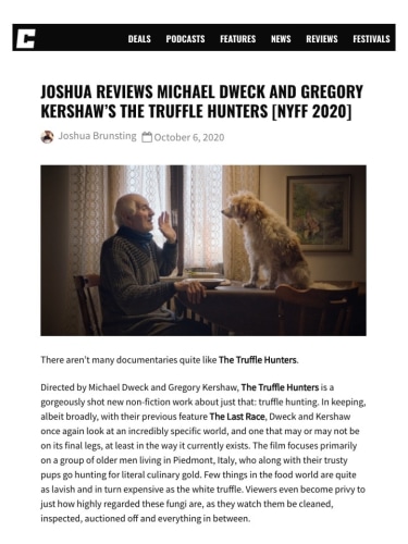 Joshua Reviews Michael Dweck and Gregory Kershaw's The Truffle Hunters [NYFF 2020]