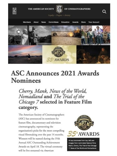 ASC Announces 2021 Awards Nominees