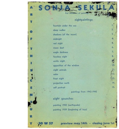 Exhibition invitation for&amp;nbsp;Sonja Sekula: Nightpaintings,
Peggy Guggenheim&amp;#39;s Art of This Century, New York, 1946