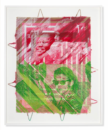 This is an image of an artwork by Tomashi Jackson made in 2021 titled: Wake Up Everybody (feat. Teddy Pendergrass)(Ruth in Red / Pauli in Green).