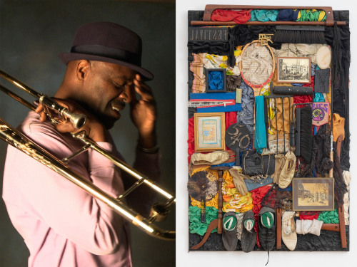 This is an image of the musician Craig Harris on the left and on the right is an image of an assemblage artwork made by Noah Purifoy in 1989 titled: Rags & Old Iron I (after Nina Simone).
