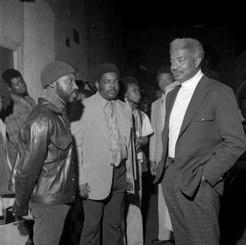 This is an image of John Outterbridge (left) and Ossie Davis (right) at the C.A.A. Credit. Image courtesy of Willie Ford Jr. and the Compton Communicative Arts Academy Collection, Special Collections and Archives, John F. Kennedy Memorial Library, California State University, Los Angele