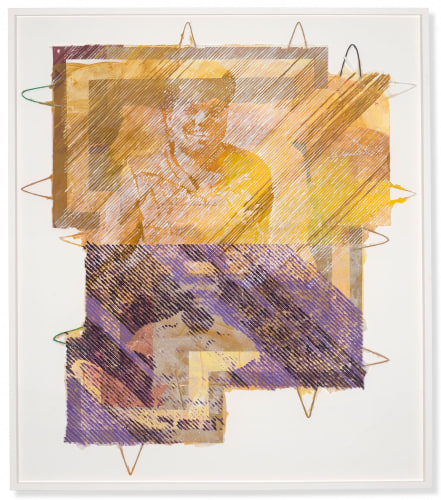 This is an image of an artwork by Tomashi Jackson titled "The Makings of You (Ruth in Gold / Pauli in Violet) made in 2021 and included in her exhibition "Brown II" at Harvard Radcliffe Institute.