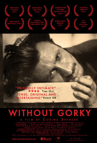 Poster advertising a movie with red text atop a detail of a sepia photograph of a man's head resting horizontally on a table